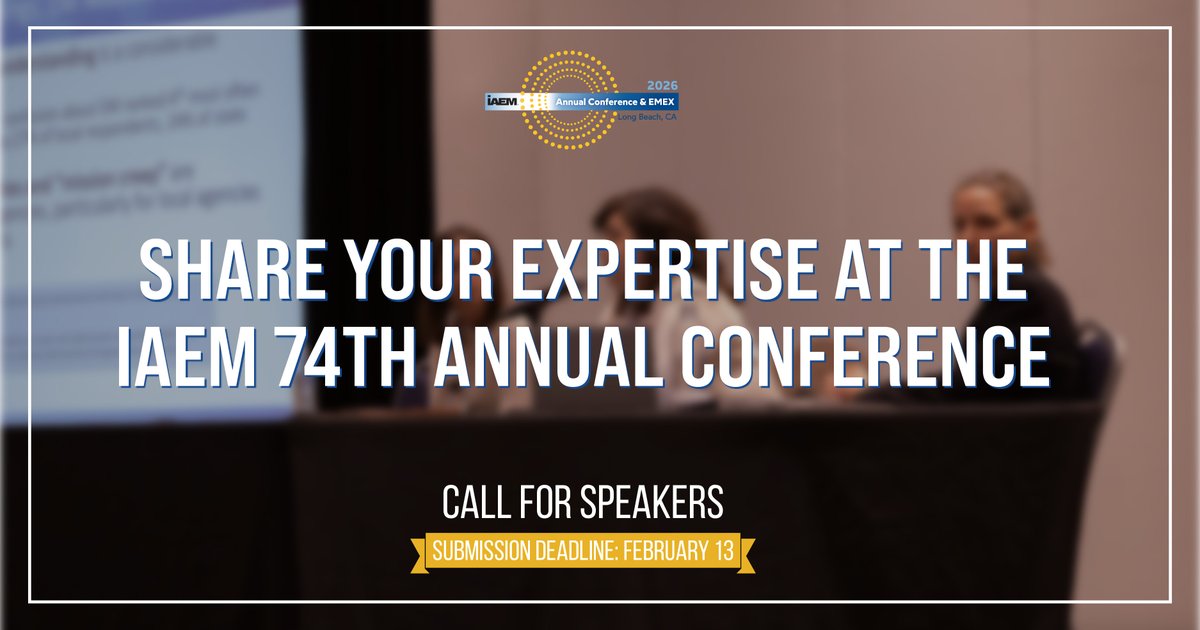 iaem's tweet photo. IAEM invites you to submit a breakout session speaker proposal for the 74th Annual Conference & EMEX. Share your expertise, highlight lessons learned, and provide practical strategies. Submit by February 13: https://t.co/sL9Qa6ziFL
#IAEM #IAEM26 #EmergencyManagement #EMGChat https://t.co/HNnKm8EKld