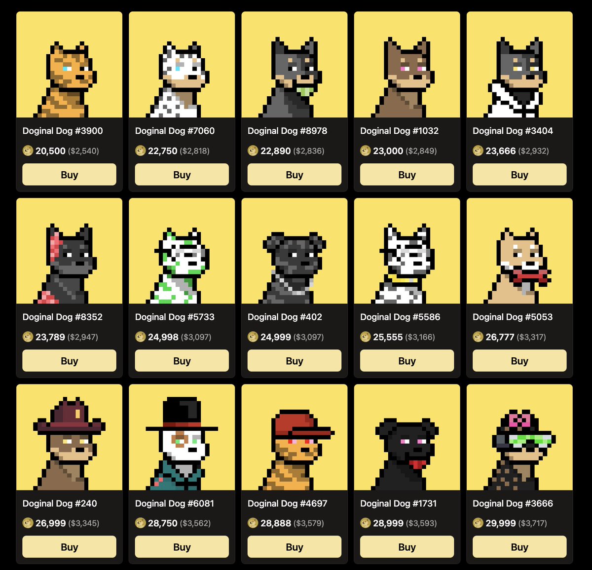 TwinTowerCity's tweet photo. Amazing @doginaldogs bargains while DOGE is dipping

These YDAO grails are all sub $4K

The visor + bow jawn is top 7% rarity and gets you access to three Doginal Dogs DAOs... steal! https://t.co/pOCZGZ2xIH