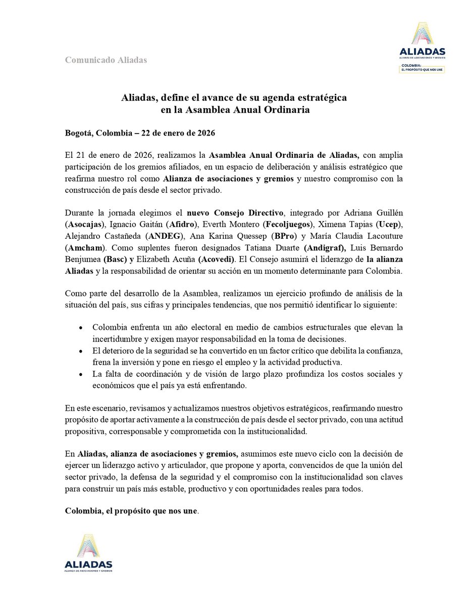 AliadasAlianza's tweet image. Desde Aliadas realizamos nuestra Asamblea Anual Ordinaria, un espacio de análisis y deliberación en el que renovamos nuestro Consejo Directivo y revisamos el contexto que enfrenta el país. Reafirmamos nuestro compromiso de aportar, desde el sector privado, a la institucionalidad,…