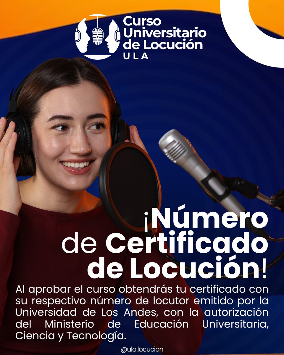Las inscripciones para el Curso Universitario de Locución están abiertas. 

No es cualquier curso, es el que te otorga el Certificado de Locución, requisito legal para el ejercicio de la profesión, avalado por la ULA.

Información por el IG instagram.com/ula.locucion?i…