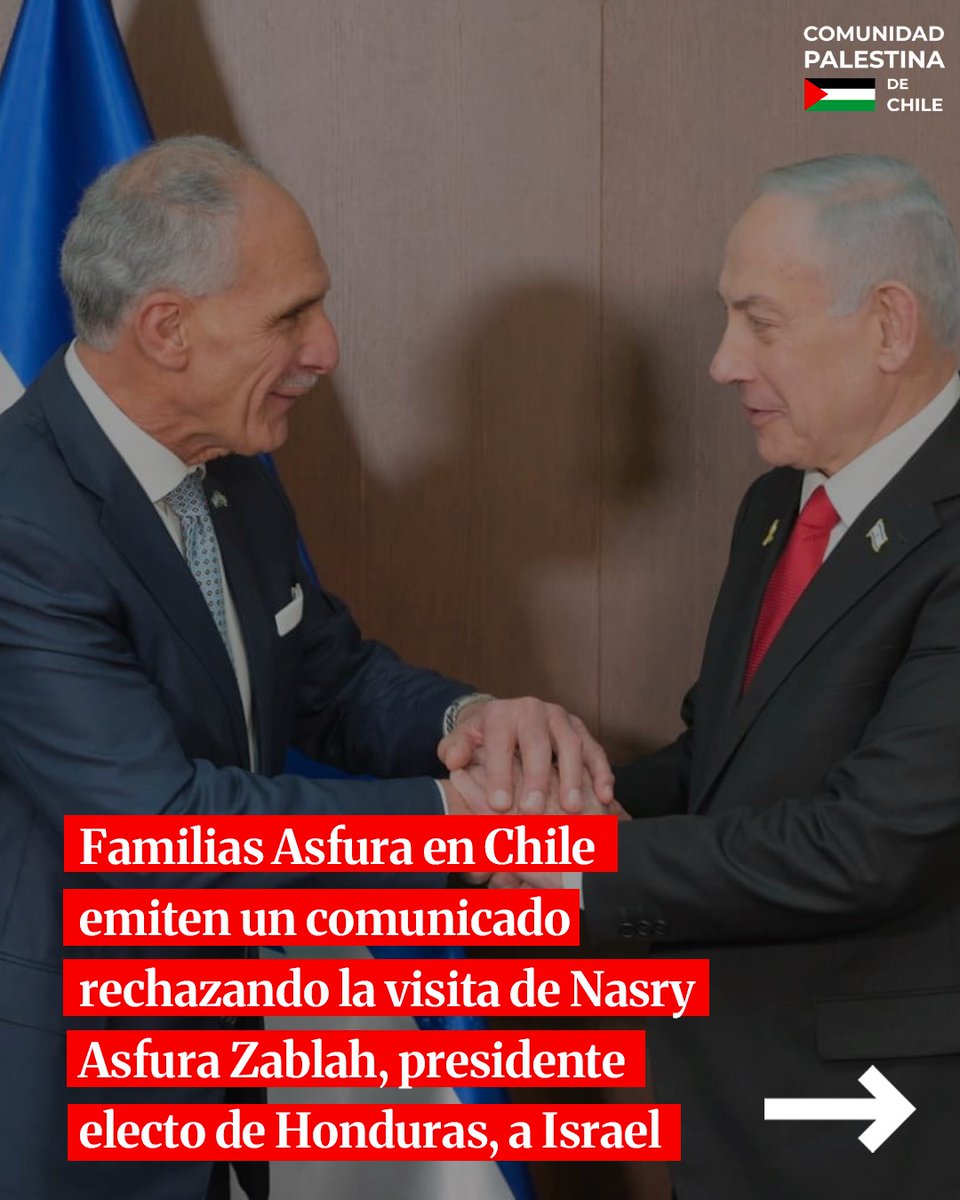 ComPalestinaCL's tweet photo. Las Familias Asfura de Chile emitieron un comunicado público rechazando la reciente visita del presidente electo de Honduras, Nasry Asfura Zablah, al Estado de Israel, y su cercanía política con autoridades israelíes, en el contexto del genocidio. https://t.co/K8dV96NK5E