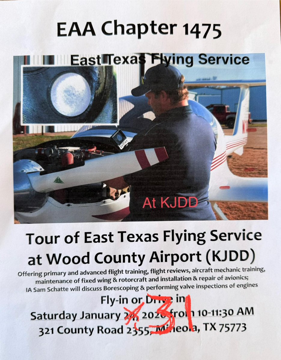 LoveWoodCounty's tweet image. NOTE: East Texas Flying Services tour of their facility  at Wisener field has been moved from Saturday the 24th  to Saturday, Janary 31st, from 10-11:30 AM

#aviation
#flyinglessons
#mineolatx #LoveWoodCounty