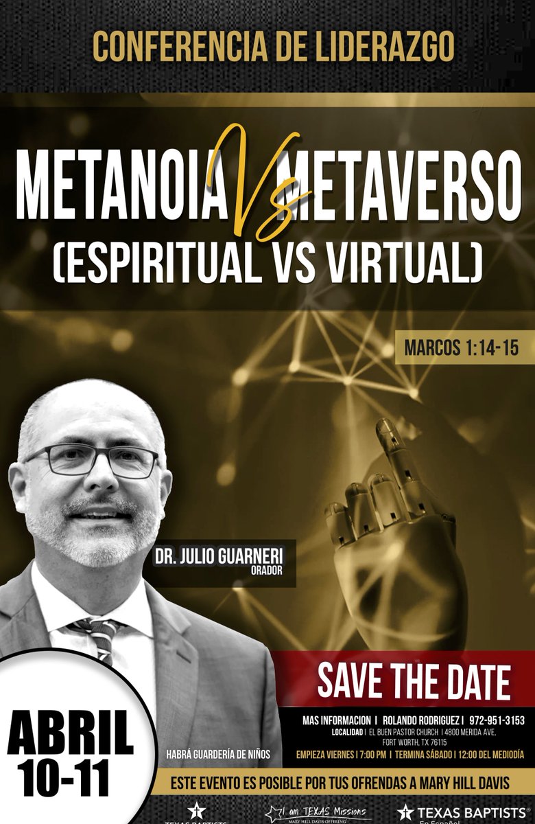 Conferencia sobre Liderazgo con Dr. Julio Guarneri, en la que se explorará la intersección entre los mundos espiritual y virtual. 

MAS INFORMACION: ROLANDO RODRIGUEZ, 972-951-3153