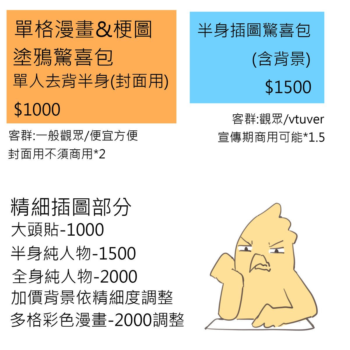 總之先想了幾個方案 上面兩個當成主力
這樣左邊的範例圖應該夠了
接下來要增加右邊插圖驚喜包的範例

下面的委託就隨緣
但今年應該要精進的反而是下面的項目
慢慢增加上限才更畫更多的東西

果然想接委託 第一件事就是要有透明的價格表🥹