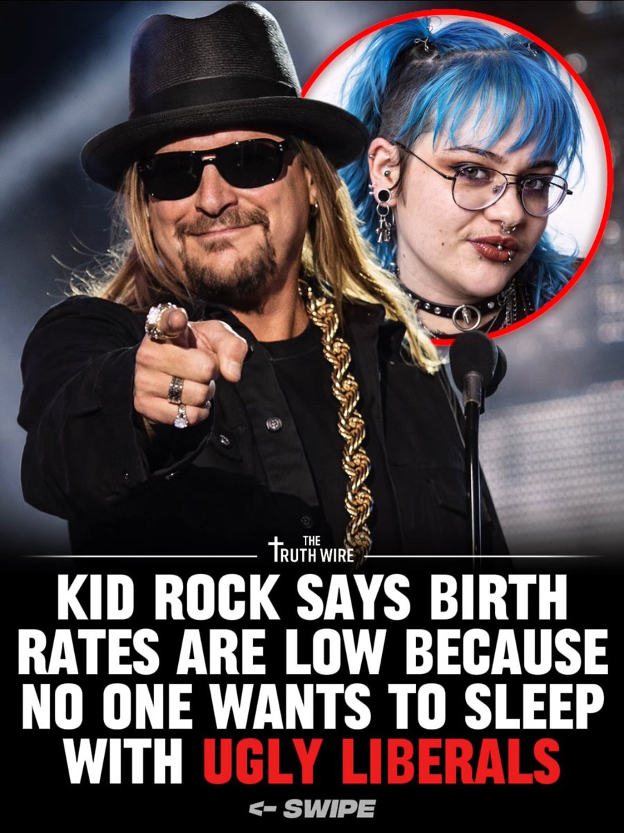 HowledByNight's tweet image. On @FoxNews , @KidRock   claimed that low birth rates are the result of what he described as “ugly, broke, crazy liberal women” that no one wants to sleep with, and suggested that men at left-wing rallies “want to sleep with each other.”
