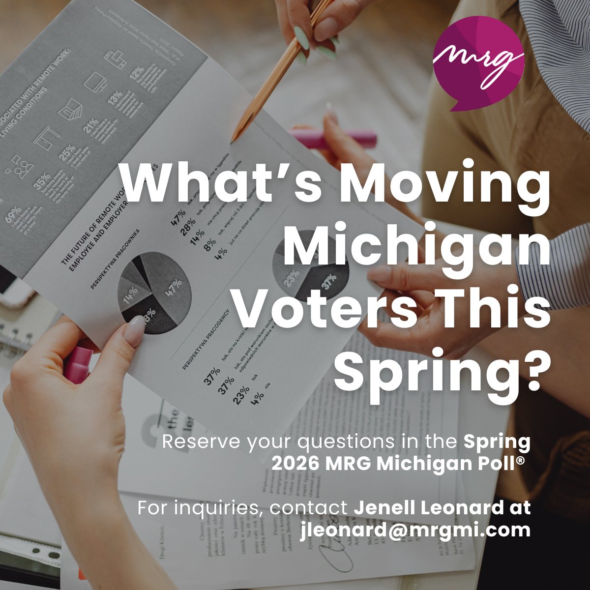 MRGMichigan's tweet image. Need data? It’s time for the MRG Michigan Poll® Spring 2026.

Launching March 16, surveying 1,000 likely Michigan voters with top-line results, crosstabs, and trusted trend data.

To reserve questions by March 6 email jleonard@mrgmi.com

#MichiganPoll #MichiganVoters #PollingData