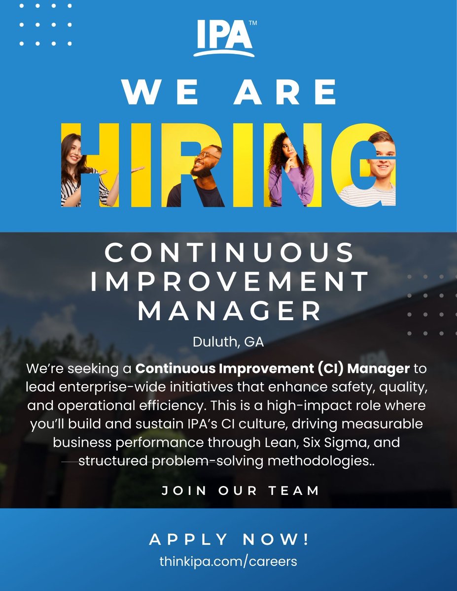 We're hiring! IPA is seeking a Continuous Improvement (CI) Manager to lead enterprise-wide initiatives that enhance safety, quality, and operational efficiency. 

#JoinIPA #hiring #careers #ContinuousImprovement 

tinyurl.com/53m3ks62