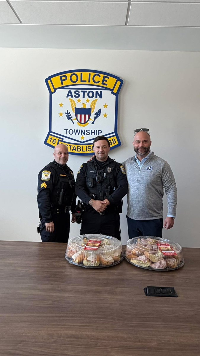 The Aston Township Police Department would like to thank Dan Emmerson of Ryan Homes for dropping off lunch.  Dan also plays a pivotal role in the annual Sassy Massey toy drive.  Thank you again, Dan!