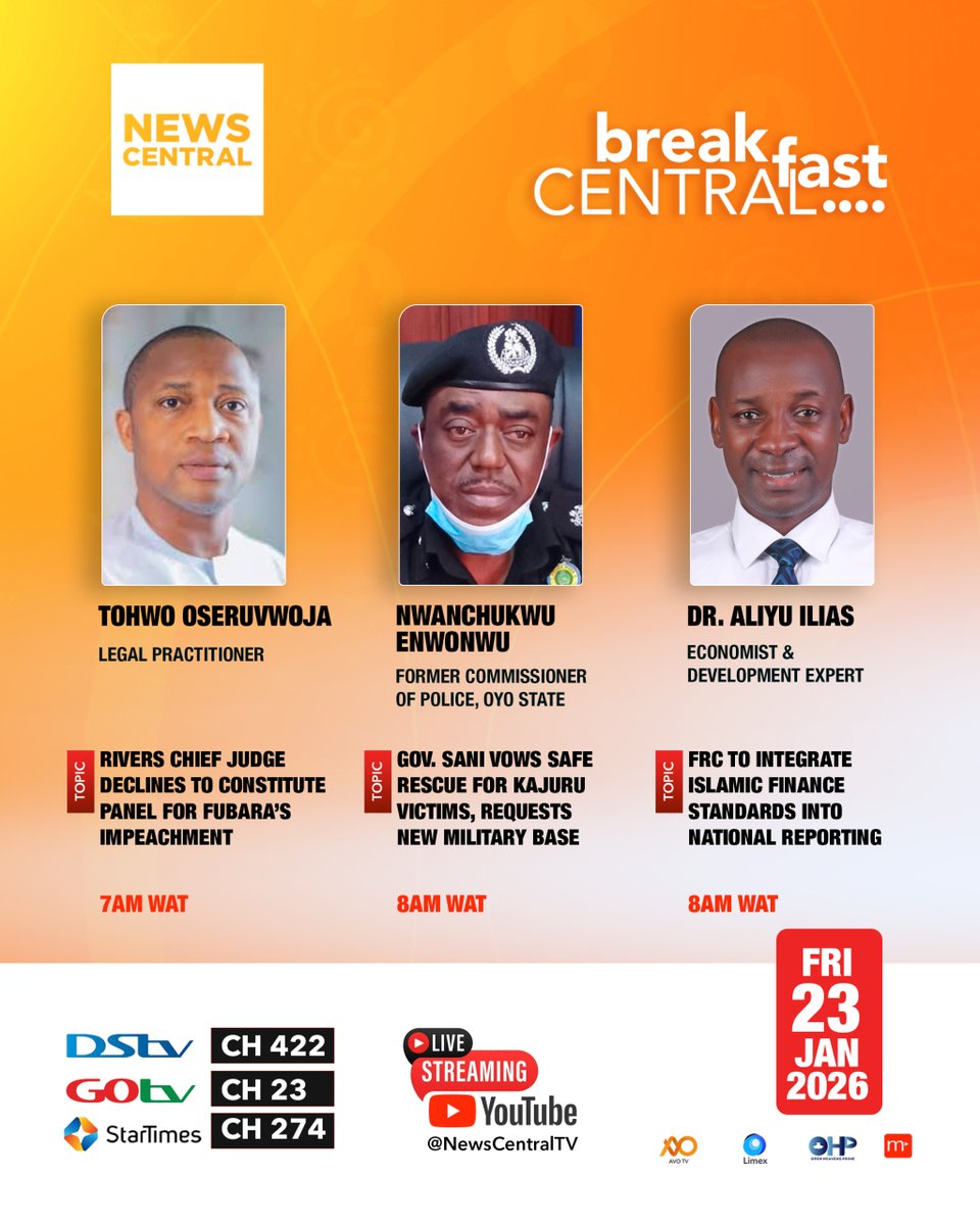 NewsCentralTV's tweet photo. A deep dive into judicial challenges, security reforms, and fiscal policies with @tohwo_opinion, Nwanchukwu Enwonwu, and @AliyuIlias on #BreakfastCentral.
Showing on DSTV 422 | StarTimes 274 | GOtv 23 https://t.co/EXCtzYXlwt