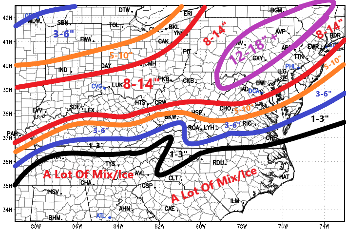 MikeTFox5's tweet photo. Examining all the morning data...here's my early first thoughts. 

Will work with the team at the office and get something official out for Fox 5! But at least for the region and just me sitting through coffee here is what I feel most comfortable with. 

South/Central Virginia and Kentucky snow gradients will be absolute hell, so adjustment may be needed there. 

Someone will likely do 20"+ with this storm, but I think that zone is likely north or northwest of DC. I liked 8-14" for DCA yesterday, and I still like it today!

More to come later! We'll examine the new data and go from there! ❄️☃️