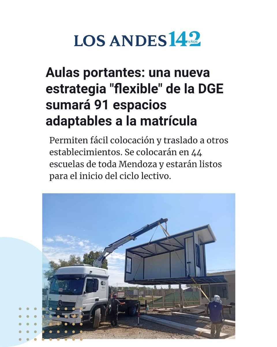 Planificar la educación también es anticiparse a los cambios.

Por eso incorporamos 91 aulas portantes en 44 escuelas de Mendoza: espacios confortables, accesibles y móviles que nos permiten responder rápido a la demanda y usar mejor los recursos.

Mejor planificación y