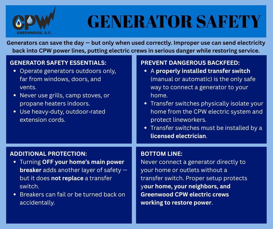 Generators are helpful during outages—but improper use can be dangerous. Connecting a generator without a transfer switch can cause 𝙗𝙖𝙘𝙠𝙛𝙚𝙚𝙙𝙞𝙣𝙜, sending power into utility lines and putting crews at risk. Review the graphic below to learn more.