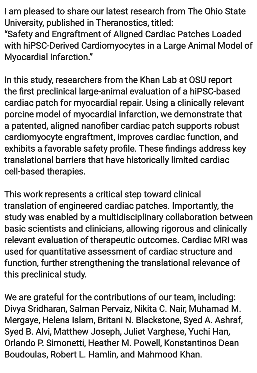 thekhanlab's tweet photo. Pleased to share our latest research from OSUMC, in #Theranostics: Safety and Engraftment of Aligned Cardiac Patches Loaded with hiPSC-Derived Cardiomyocytes in a Large Animal Model of Myocardial Infarction.
Thank you to the team! 👏
@OhioStateDHLRI
📰 👉 https://t.co/qKbRVb9VFU https://t.co/txW2V7HZIh