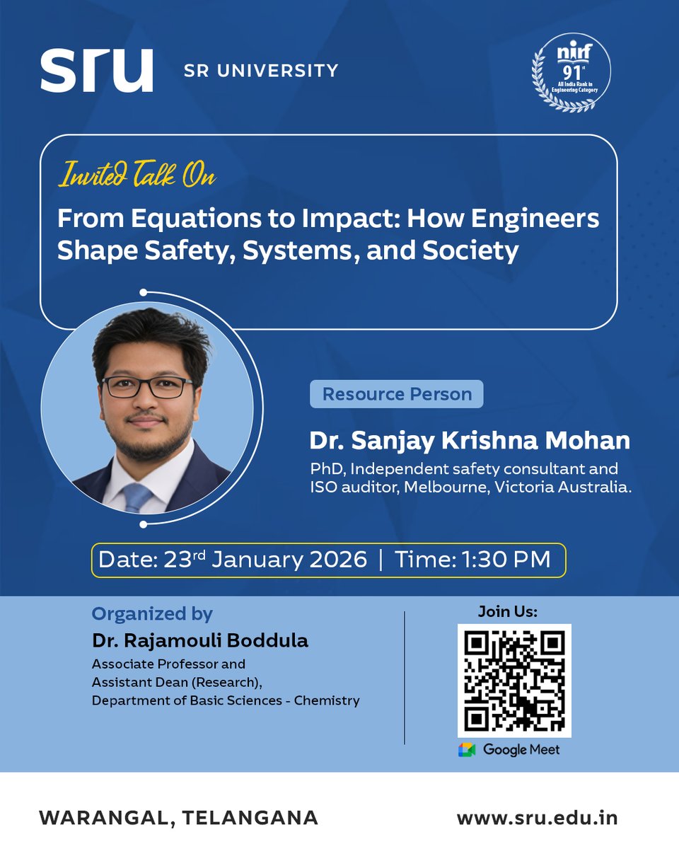 SchoolofScienc9's tweet photo. 📢 Invited Talk Tomorrow!
"From Equations to Impact: How Engineers Shape Safety, Systems & Society" by Dr. Sanjay Krishna Mohan, Melbourne, Victoria, Australia
@SchoolofScienc9
@SRuniversity
#EngineeringImpact #SafetyEngineering https://t.co/OeCSYbmQYE