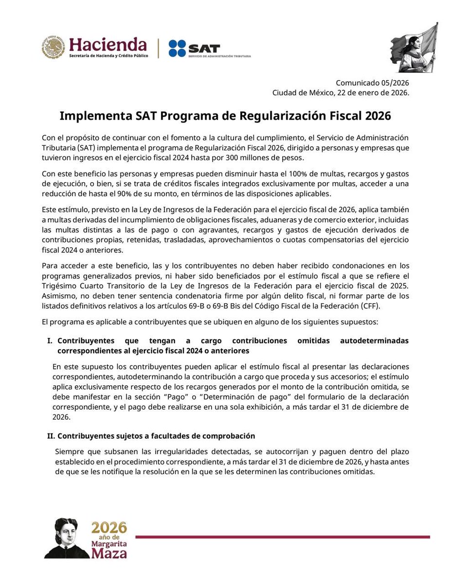 SATMX's tweet image. #ComunicadoSAT

El SAT implementa el programa de Regularización Fiscal 2026 para fortalecer la cultura del cumplimiento y facilitar la regularización de adeudos fiscales de:
• 👤 Personas
• 🏢 Empresas
Con ingresos de hasta 300 millones de pesos en el ejercicio fiscal 2024,…