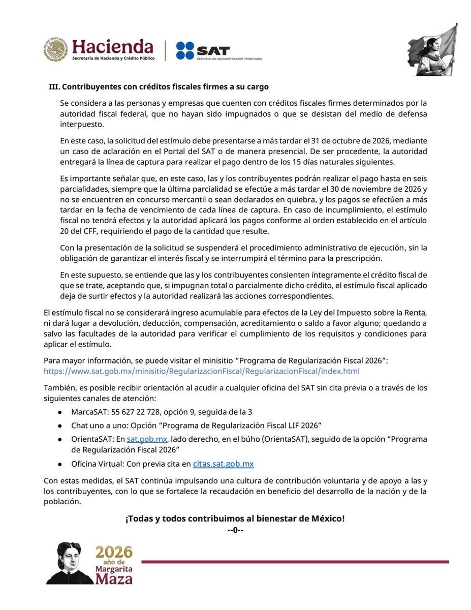 SATMX's tweet image. #ComunicadoSAT

El SAT implementa el programa de Regularización Fiscal 2026 para fortalecer la cultura del cumplimiento y facilitar la regularización de adeudos fiscales de:
• 👤 Personas
• 🏢 Empresas
Con ingresos de hasta 300 millones de pesos en el ejercicio fiscal 2024,…
