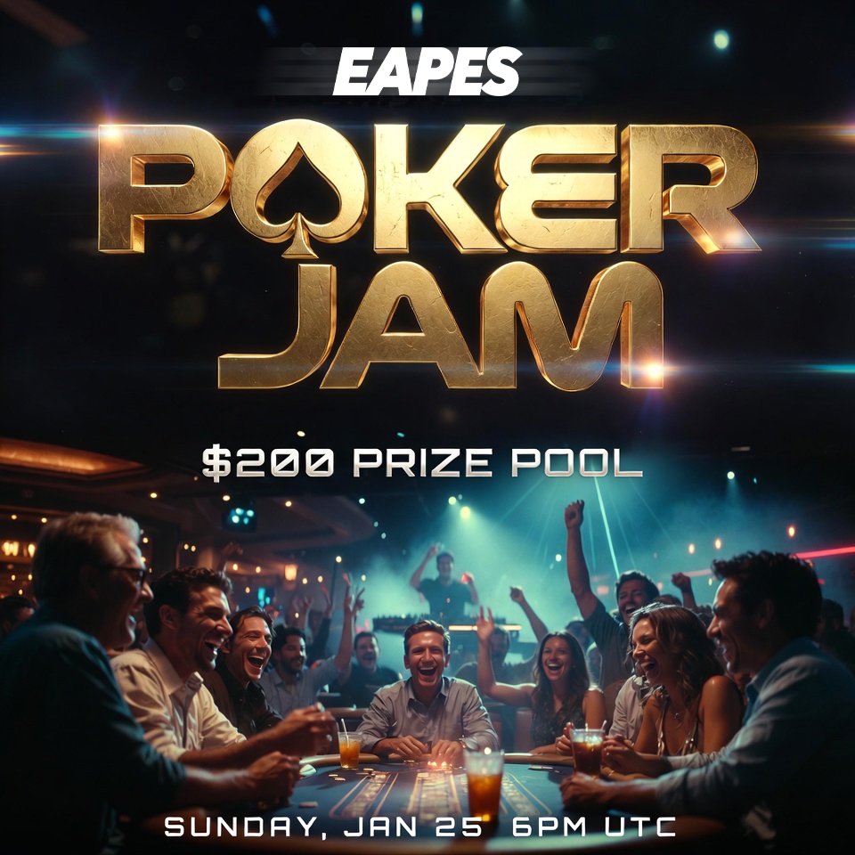 ♠️🔥 EAPES POKER JAM 🔥♠️

🗓️ Sun, Jan 25 · 6PM UTC  
💰 ~200 USDC + 🎁 bonus for best EAPES rep  
🎟️ FREE to play, reserve your seat
→ discord.gg/eapesclub

♠️ Vibe with the Tribe ♠️

⚠️ PokerNow + Discord ID required  

IT’S ON FAM!