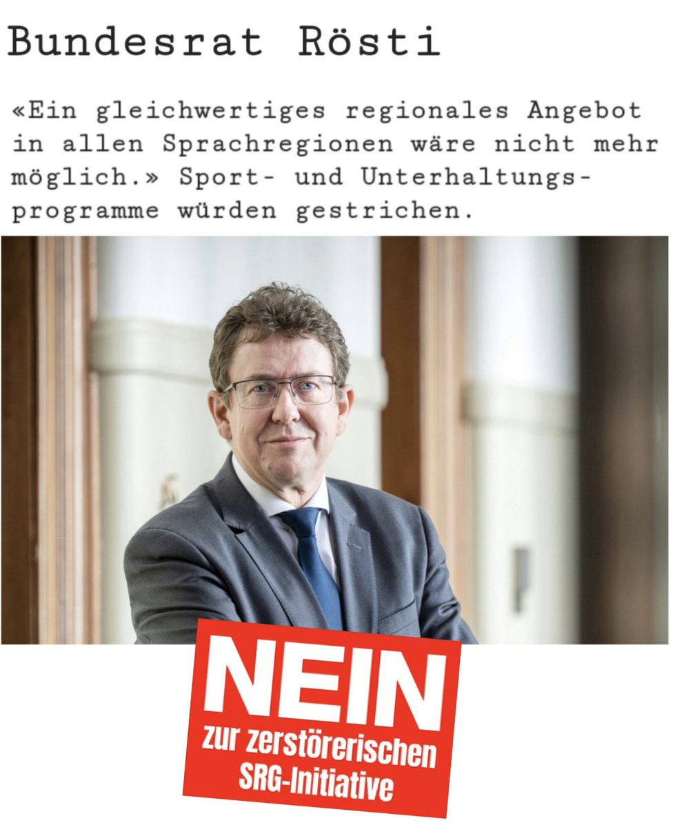 _ThomasForrer's tweet photo. Rösti sagt es richtig. – Und er weiss, dass ein föderalistischer Staat wie die Schweiz mit vier Sprachregionen ein Medium  braucht, das Vielfalt unseres Landes abbildet.
Auf SRF ist nicht Alles für jeden, aber es gibt für Alle etwas. Diese Vielfalt spiegelt unsere Demokratie. https://t.co/M5gTOCIL9r