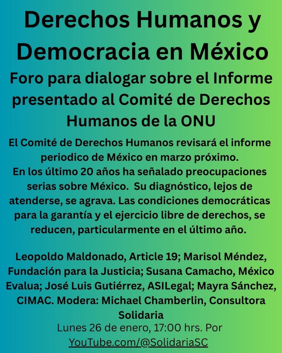 🔍 México frente a la ONU: ¿Qué hay detrás del informe de derechos humanos que el gobierno presentará en marzo?

📢 No te pierdas el  "Foro para dialogar sobre el Informe presentado al Comité de Derechos Humanos de la ONU", participa Mayra Sánchez Mora de #CIMAC 

🗓 Lunes 26 de
