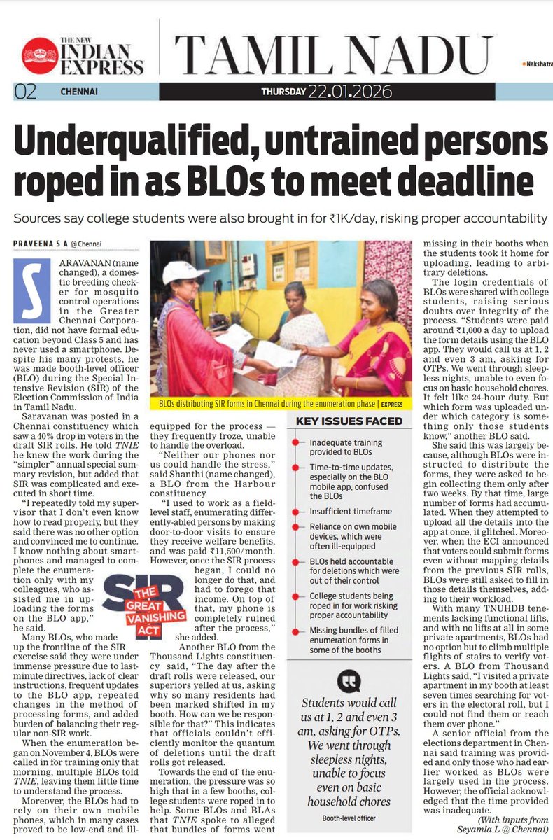 SAPRAVEENA1's tweet image. Ongoing #SIR process has led to continued work pressure, especially for #Boothlevelofficers, as many underqualified, &amp;amp; untrained persons were roped in as #BLOs to meet deadlines. College students were also brought in for 1K/day, risking proper accountability. @xpresstn @ECISVEEP