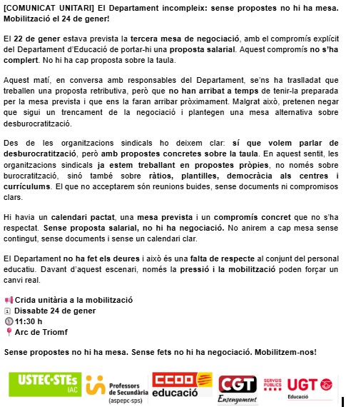 📢 Màxima difusió 📢

⚠️ PROU PRENDRE’NS EL PÈL⚠️

El Departament d’Educació ha incomplert el seu compromís.

#DignifiquemLaProfessió