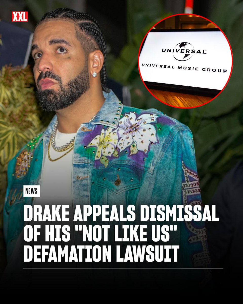 XXL's tweet image. Drake refuses to let go of his defamation lawsuit against Universal Music Group over "Not Like Us" and has filed an appeal after the case was dismissed last year.

On Wednesday (Jan, 21), Drake's legal team filed an official appeals motion in the United States Court of Appeals…