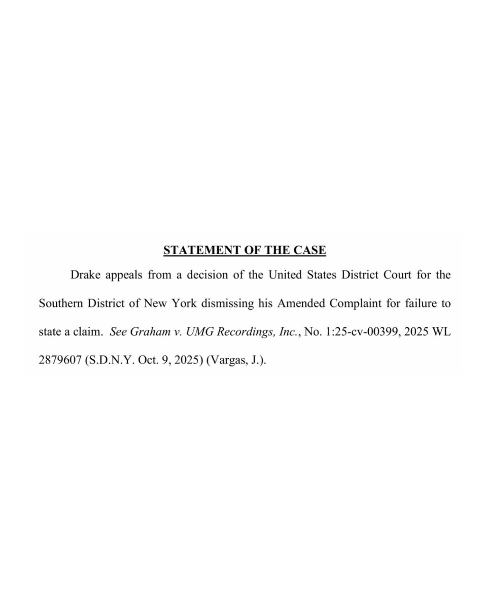 XXL's tweet image. Drake refuses to let go of his defamation lawsuit against Universal Music Group over "Not Like Us" and has filed an appeal after the case was dismissed last year.

On Wednesday (Jan, 21), Drake's legal team filed an official appeals motion in the United States Court of Appeals…