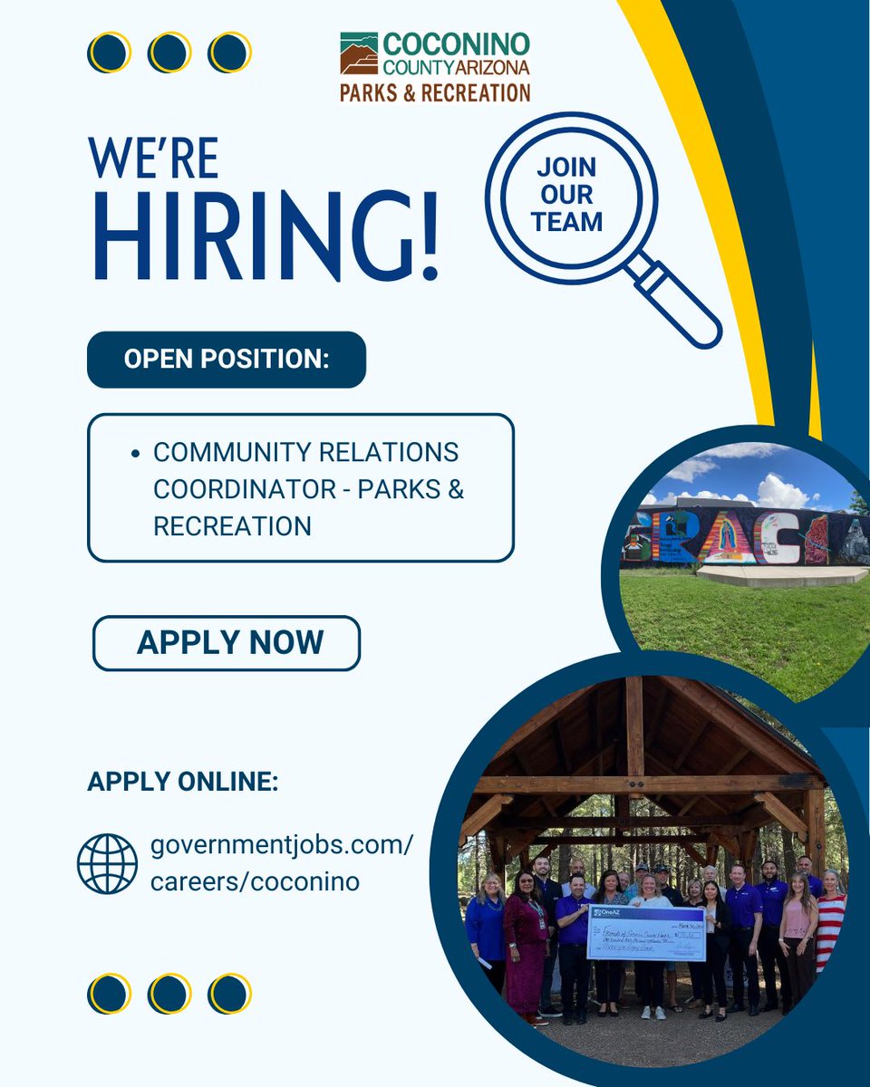 📢We're hiring! 
📝📻Do you like to do marketing, communications, and social media? Do you have experience in volunteer recruitment and management? The Community Relations Coordinator Position at Coconino County Parks &amp; Recreation is open now. 

🌐Apply online at