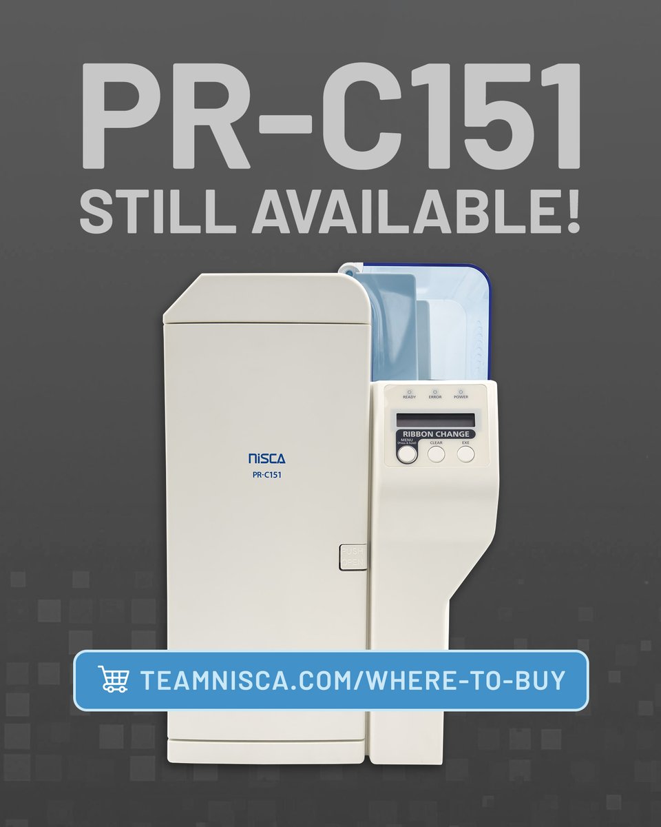 Looking for a #cardprinter with trusted performance and consistent results in 2026?

The NiSCA PR-C151 is still available and ready to support your #cardprinting needs, but inventory is limited. Get yours now, while supplies last!

#lowstock #badgeprinter #teamnisca
