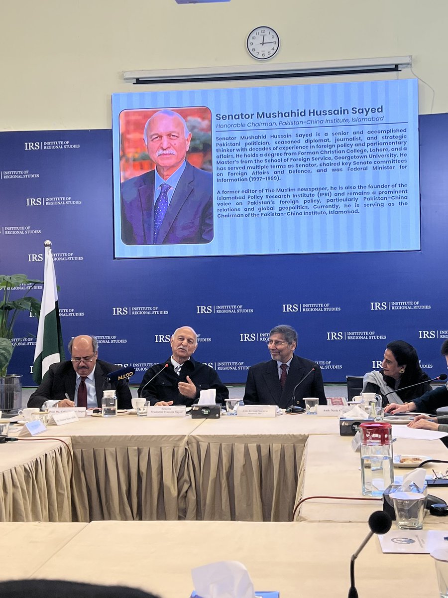 Mushahid's tweet photo. Good discussion at @IRSIslamabad on efficacy of Multilateralism in present era! Made 2 points in Keynote: a) failure of US unilateralism in 3 areas: failure in tariff/trade war with China, failure to engineer Regime Change in Iran, failure in uniting West around Containment of China (Canada, France, UK already bolted from US policy on China)! China today is flag bearer of Multilateralism & Globalisation, with over 150 countries joining President Xi Jinping’s Belt & Road Initiative & 140 out of 193 UN member states now have more trade with China than US! @MFA_China @XisMoments