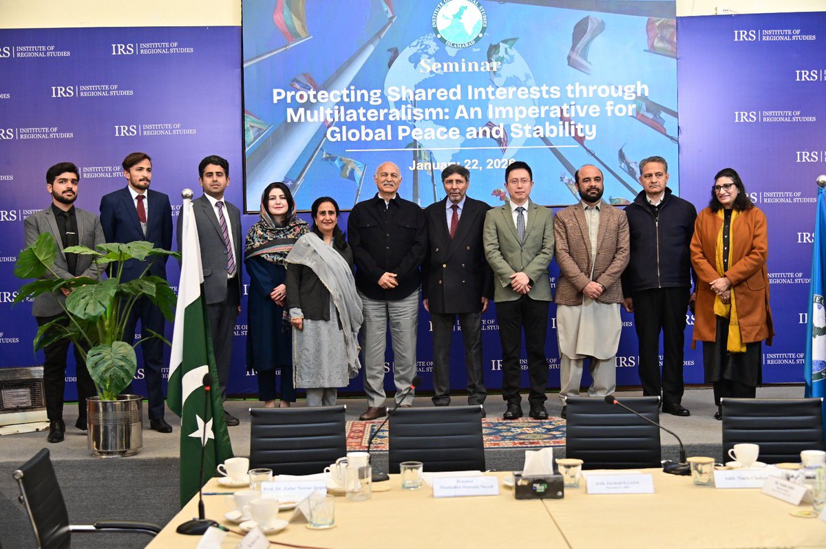 Mushahid's tweet photo. Good discussion at @IRSIslamabad on efficacy of Multilateralism in present era! Made 2 points in Keynote: a) failure of US unilateralism in 3 areas: failure in tariff/trade war with China, failure to engineer Regime Change in Iran, failure in uniting West around Containment of China (Canada, France, UK already bolted from US policy on China)! China today is flag bearer of Multilateralism & Globalisation, with over 150 countries joining President Xi Jinping’s Belt & Road Initiative & 140 out of 193 UN member states now have more trade with China than US! @MFA_China @XisMoments