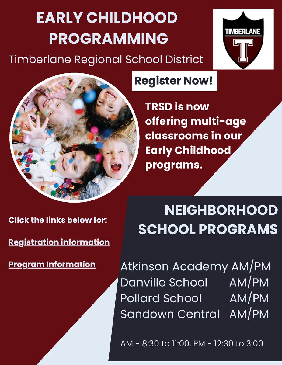 Preschool/PreK Registration Information: timberlane.net/enrollment/ 
Program Information: drive.google.com/file/d/10lQ1yW…