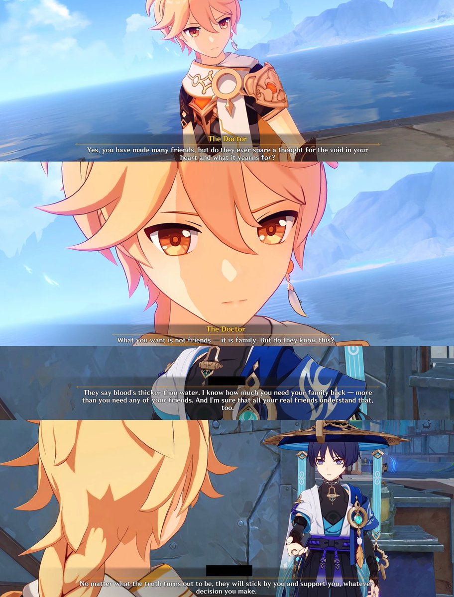 dottore attempted to manipulate the traveler by framing the traveler’s friends as not sparing a thought towards them / not understanding their need for their sibling — and scara proved him wrong that very same patch: