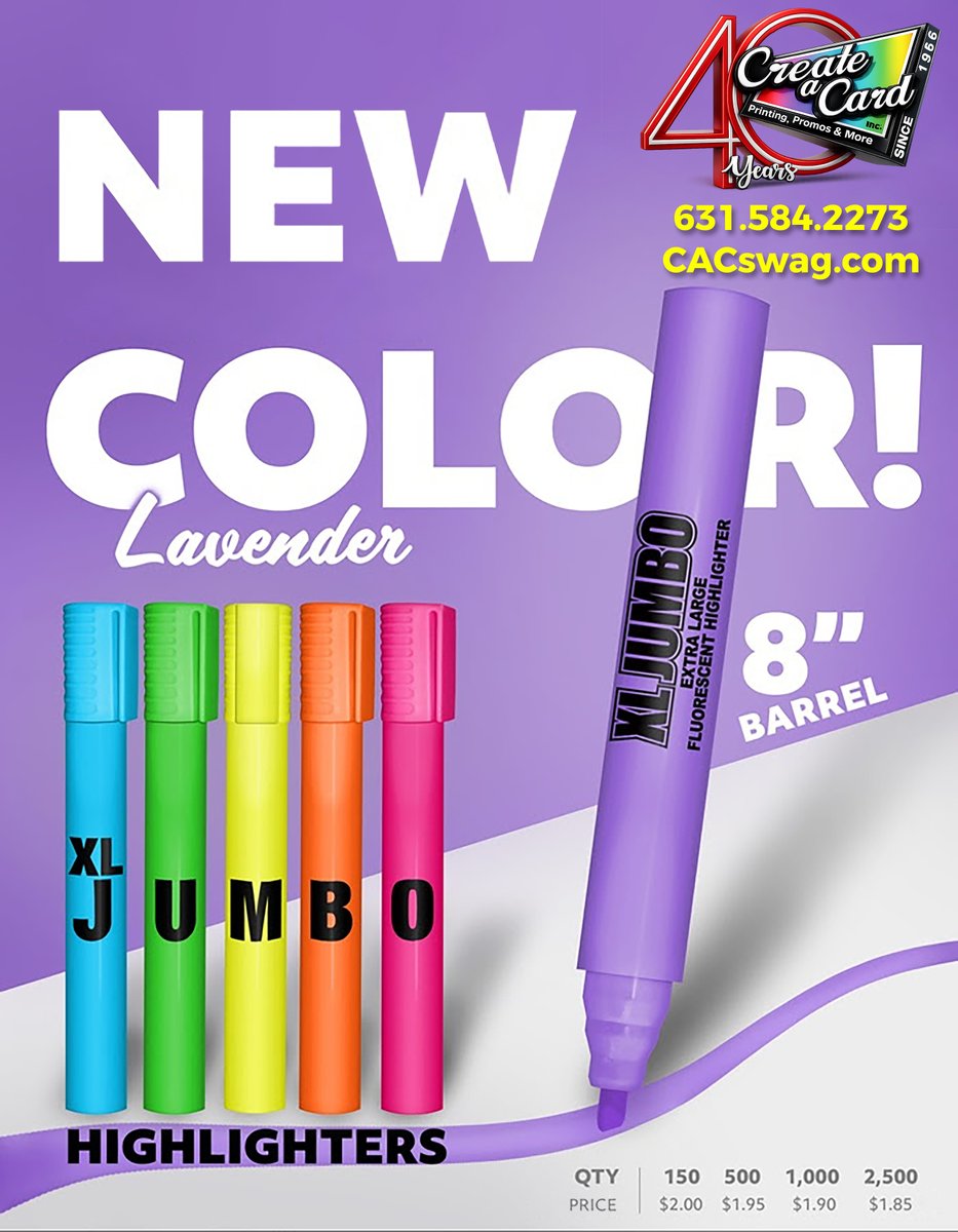 💜 We’re highlighting the swag to get you seen!
Our XL JUMBO Highlighters just got even better w/ 6 noticeable colors!

🖇 Product Link: createacardinc.com/jumbo-highligh…

🖊️ Extra-large 8" barrel
🎯 Big logo imprint area
🌈 Bold ink that pops
📦 Ideal for offices, trade shows &amp; more