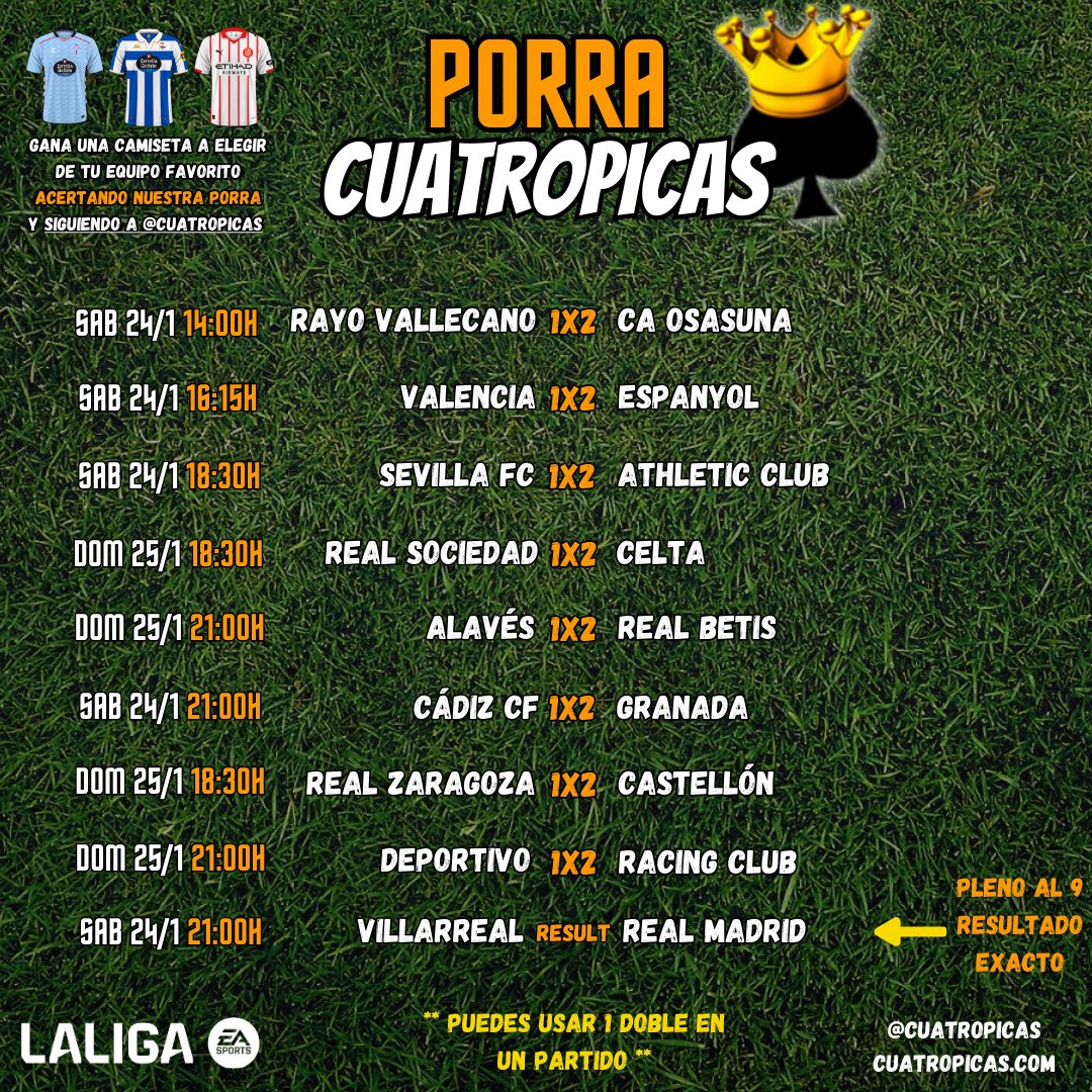 ♠️♠️♠️♠️

Vamos con la #Porra4Picas 🎯 de esta semana.

Acierta los 9 resultados y gana una camiseta 👕🎁 a tu elección. 

Recuerda: 8 resultados a 1X2 🎲 (puedes usar un Doble) y el "Pleno al 9" con el resultado exacto 🧐