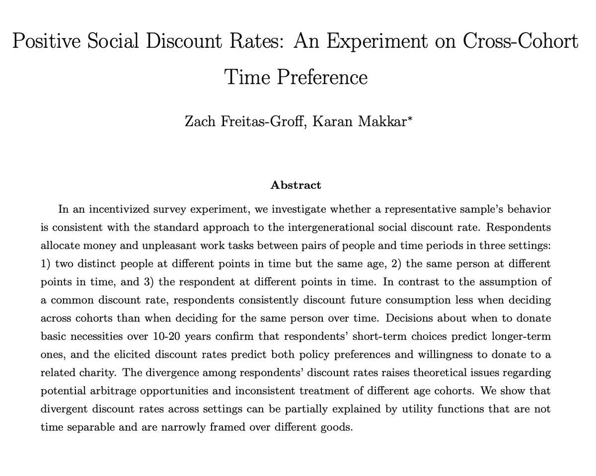 zdgroff's tweet photo. 📈New paper out (joint w/@karan_makkar)!📉

Economists apply a discount rate to later cohorts' welfare, but this is controversial on the ethical view that people matter equally at any point in time.  

Does the public agree with economists or philosophers? Neither. https://t.co/oqLdv104cZ