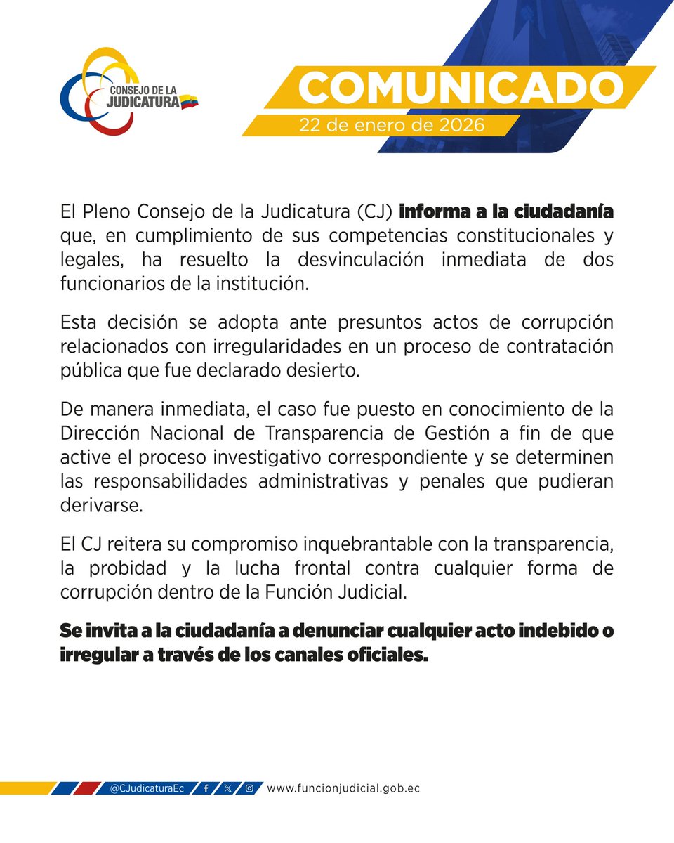 📄 | #ComunicadoOficial

El <a href="/CJudicaturaEc/">Consejo de la Judicatura</a> informa a la ciudadanía. ⤵️