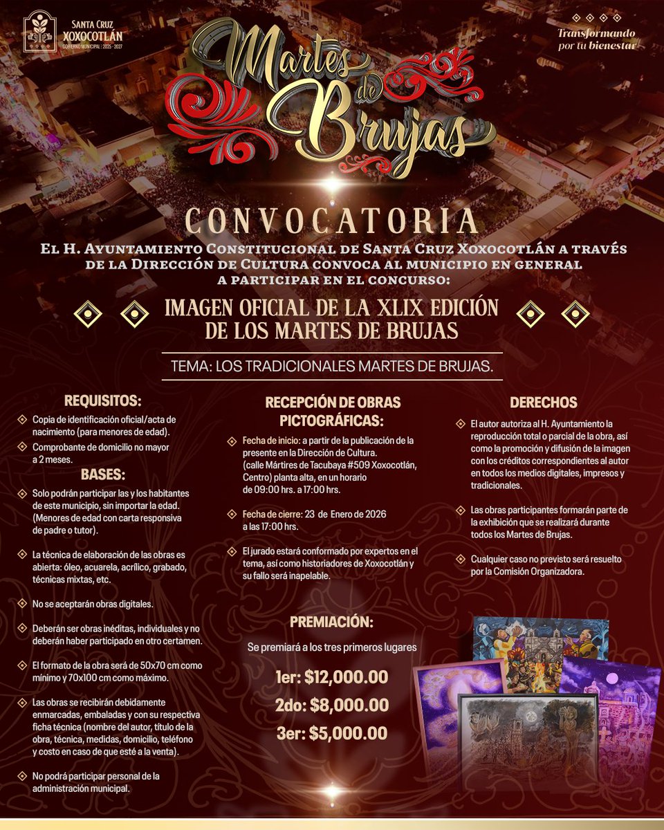 📜 Ya estamos en el cierre de la convocatoria para definir la imagen oficial de la XLIX Edición de los #MartesDeBrujas, dedicada a resaltar “Los tradicionales Martes de Brujas”.

🤩 Las propuestas se reciben en Mártires de Tacubaya #509, Centro, en un horario de 9:00 a 17:00