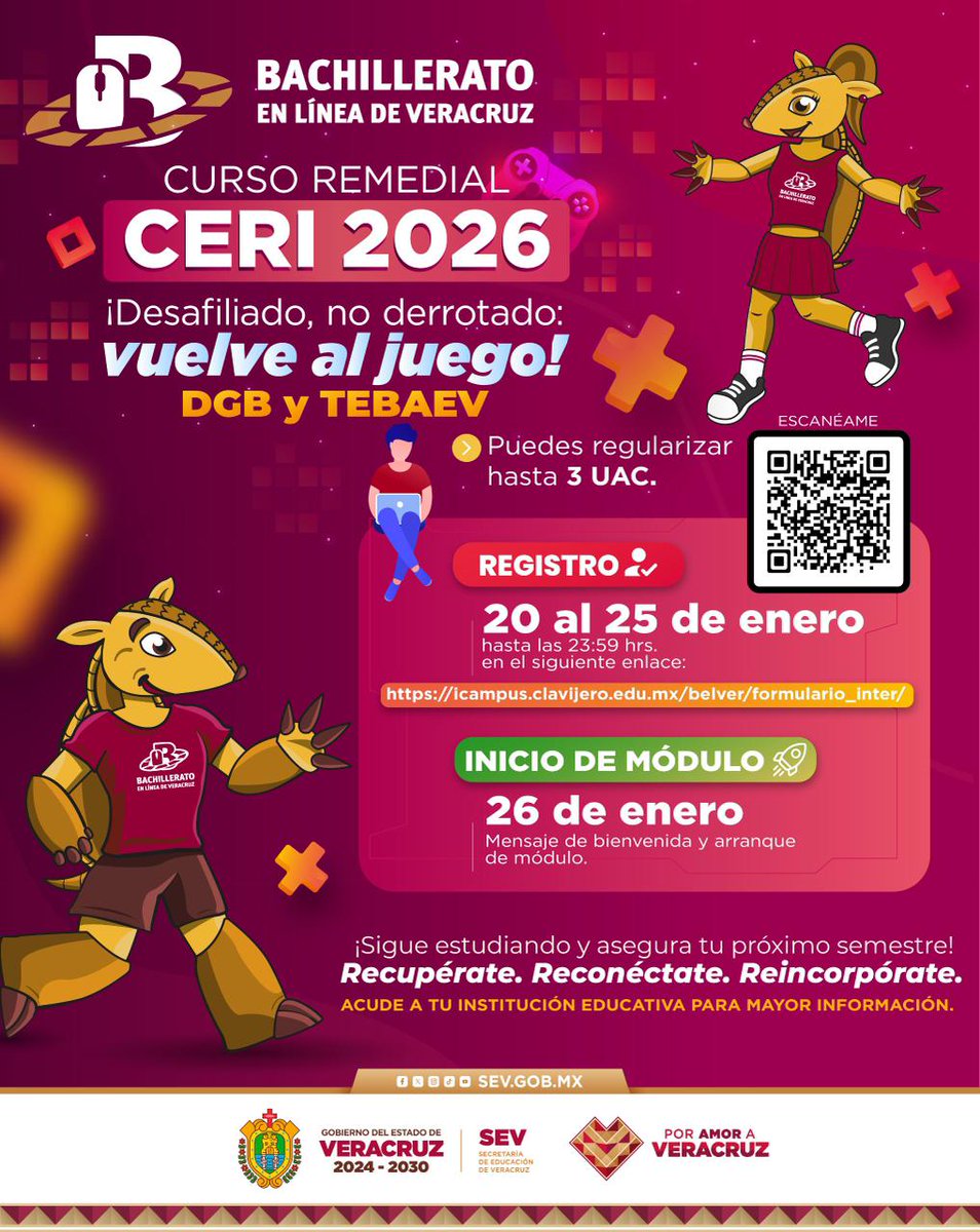 SEducacionVer's tweet photo. 📚 ¡Desafiliado, no derrotado!

Regulariza las asignaturas que reprobaste en tu plantel educativo a través del CERI de Bachillerato en Línea Veracruz.

🗓️ Inscripciones: 20–25 de enero
🔗 https://t.co/DxzH4gyITh

#SoyBelver #DGB #TEBAEV https://t.co/PLZSG1wSgB