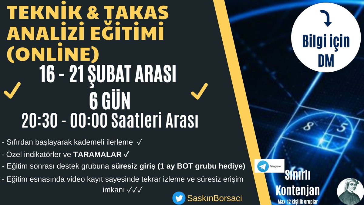 📌Duyuru📌
Eğitim programımızın tarihleri aşağıdaki gibi olacaktır;

- ONLINE Teknik Analiz eğitim tarihi: 16 - 21 ŞUBAT 
- TAKAS Analizi eğitimi : 12 - 13 Şubat

Katılımcı yorumları 👇👇
parabolikakademi.com.tr/references

*Sıfırdan başlayarak ilerleme,
*Eğitim esnasında video kayıt,