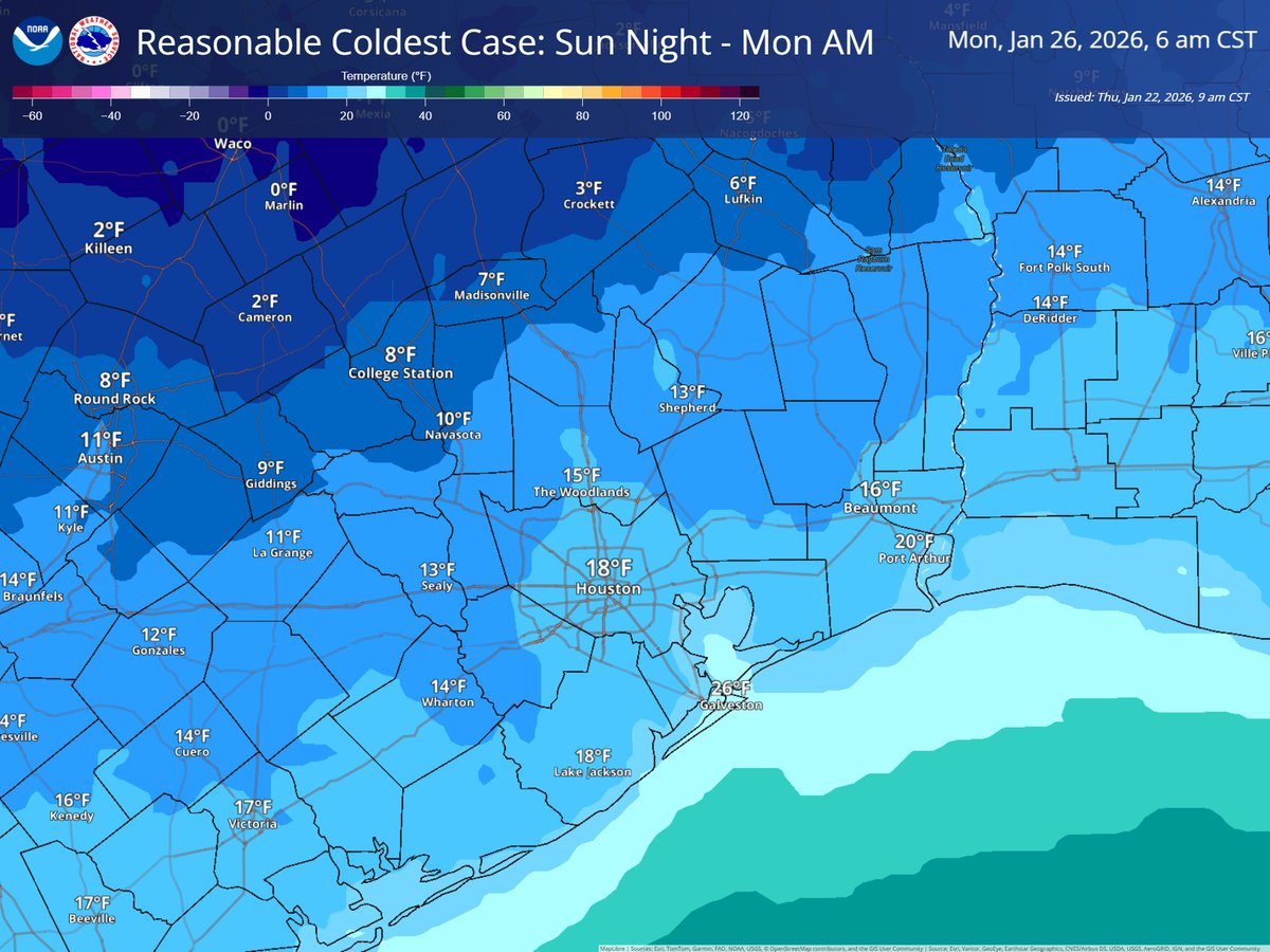 NWSHouston's tweet image. Reasonable best/worst case scenarios for Sun night–Mon AM low temperatures.

Less-cold scenario still results in a hard freeze away from the coast and outside the urban heat island.

Higher uncertainty in our northern zones as indicated by the very large temperatures range.
