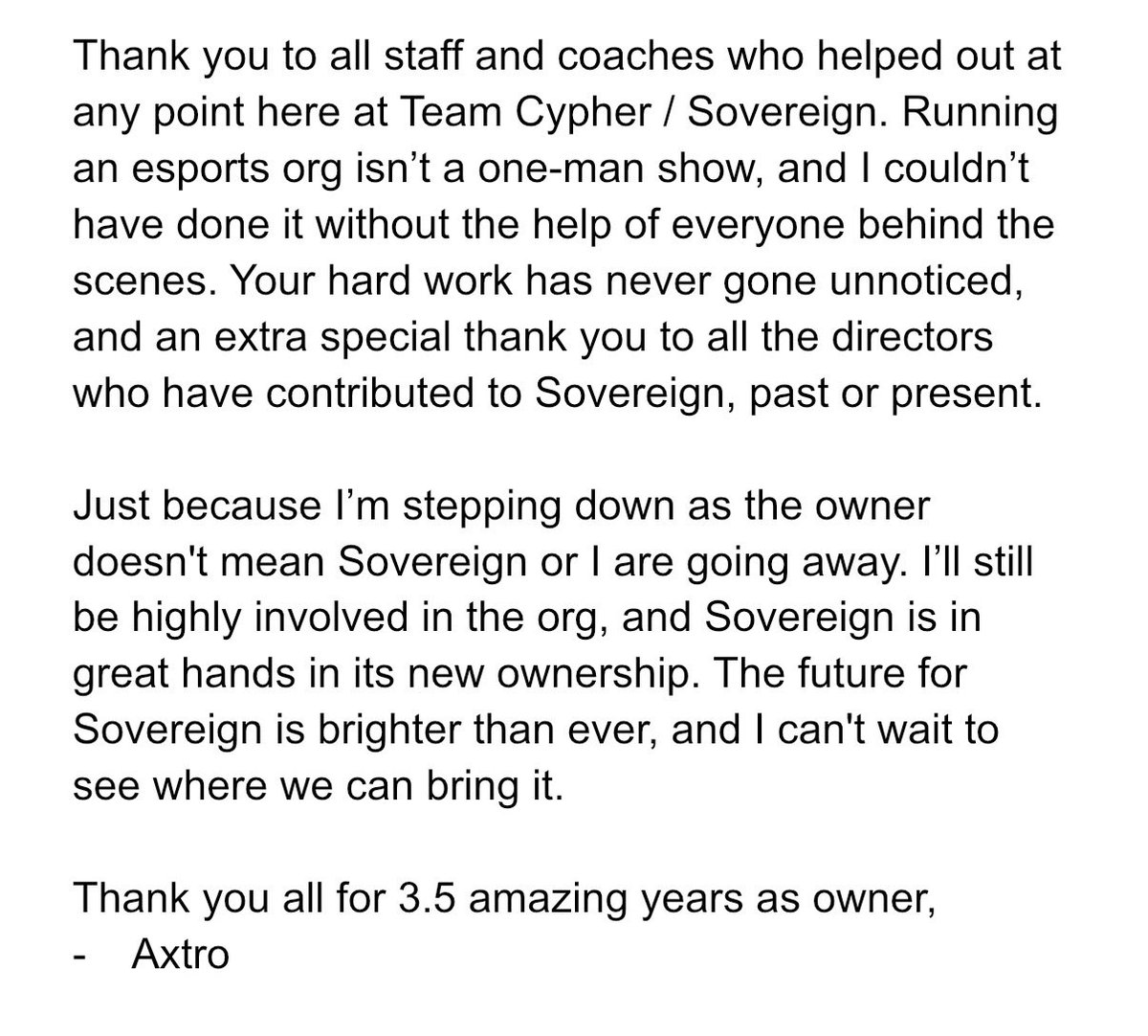 Stepping down as owner of <a href="/SOVEREIGNESC/">SOVEREIGN</a>