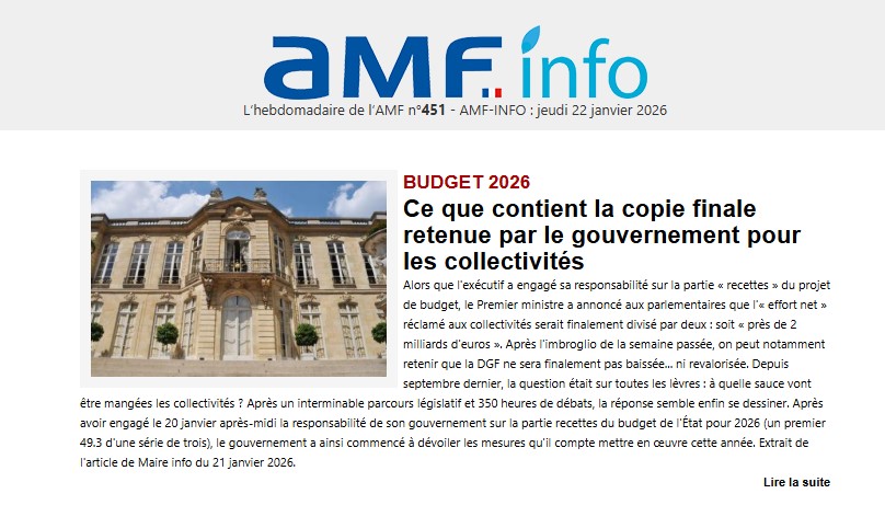 l_amf's tweet photo. #AMFInfo I Focus sur l'édition de ce jeudi  :  
📊 Budget 2026 : ce que contient la copie finale du gouvernement pour les collectivités 
👶 Crèches : un décret inquiétant pour les maires
🗳️ Webinaire AMF : Élections municipales 2026, se prémunir face aux ingérences et aux menaces numériques - 2 février de 15h à 16h30

Retrouvez l'édition complète ➡️ https://t.co/ALlM5Kkgf6