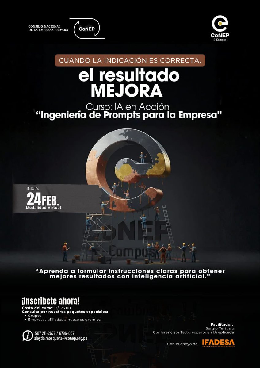 📢 ¡𝐈𝐧𝐬𝐜𝐫𝐢́𝐛𝐞𝐭𝐞 𝐚𝐥 𝐧𝐮𝐞𝐯𝐨 𝐜𝐮𝐫𝐬𝐨 𝐯𝐢𝐫𝐭𝐮𝐚𝐥 𝐝𝐞 𝐂𝐨𝐍𝐄𝐏 𝐄-𝐂𝐚𝐦𝐩𝐮𝐬!

📝 𝐈𝐧𝐬𝐜𝐫𝐢𝐩𝐜𝐢𝐨́𝐧 𝐚𝐪𝐮𝐢́: forms.office.com/Pages/Response…

📩 𝐂𝐨𝐧𝐬𝐮𝐥𝐭𝐚𝐬:
asistente.ejecutiva@conep.org.pa /aleyda.mosquera@conep.org.pa
📞 211-2672 /📱6796-0671