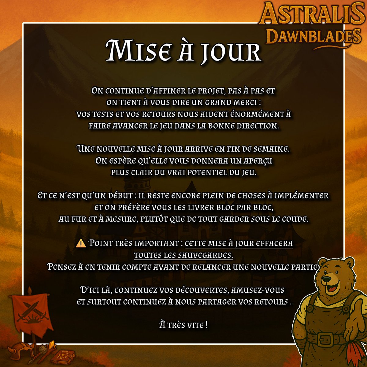 Une nouvelle mise à jour arrive très bientôt sur Astralis : Dawnblades !

Merci encore à tous pour vos retours, vos messages et votre soutien — ça nous aide énormément à améliorer le jeu, point par point.

Demo Steam : store.steampowered.com/app/4233920/As…

#roguelike #indiegames #gamedev