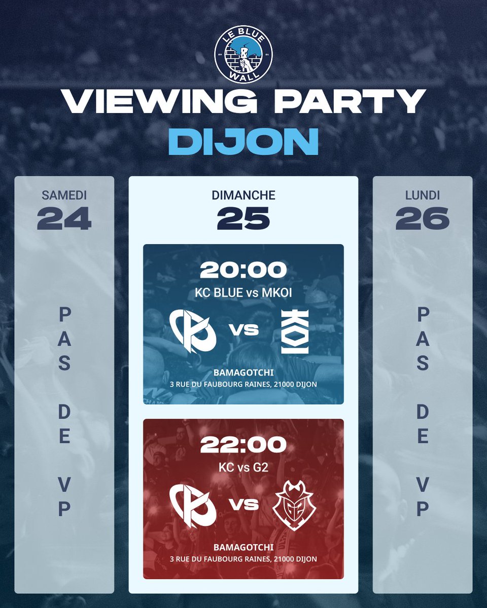 🟦Planning de la semaine des des VP de #Dijon🔥 

Rendez-vous Dimanche 25 Janvier au BAMAGOTCHI (Cité de la Gastronomie)

On était + de 20 la dernière fois, vous pensez qu'on peut faire mieux ? 🤠

#KCORP #KCORPWIN #KCB #KCBWIN
