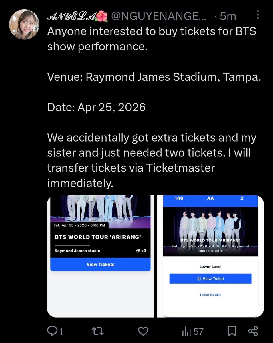 LivLaughBTS's tweet image. Hey everyone please be careful! This person says they have tickets but if you look they didn't even put the correct venue! It's not a studio. It's a stadium
 @/NGUYENANGE7lrd