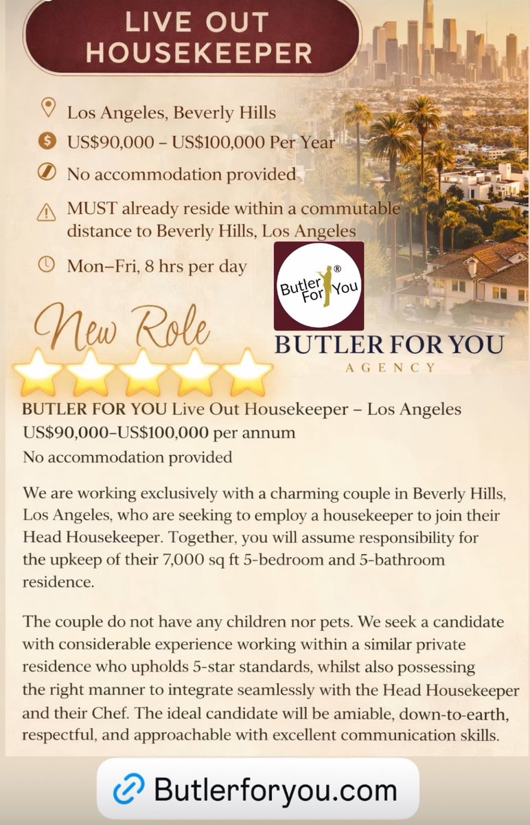 Butler_For_You's tweet image. BUTLER FOR YOU is delighted to present an exceptional Live-Out Housekeeper role for a refined private household in Beverly Hills. 📩 Apply via BUTLER FOR YOU / Sebastian Hirsch
Serving Since 2007 ⭐⭐⭐⭐⭐
butlerforyou.com/live-out-house…

#ButlerForYou #LosAngeles #Housekeeper