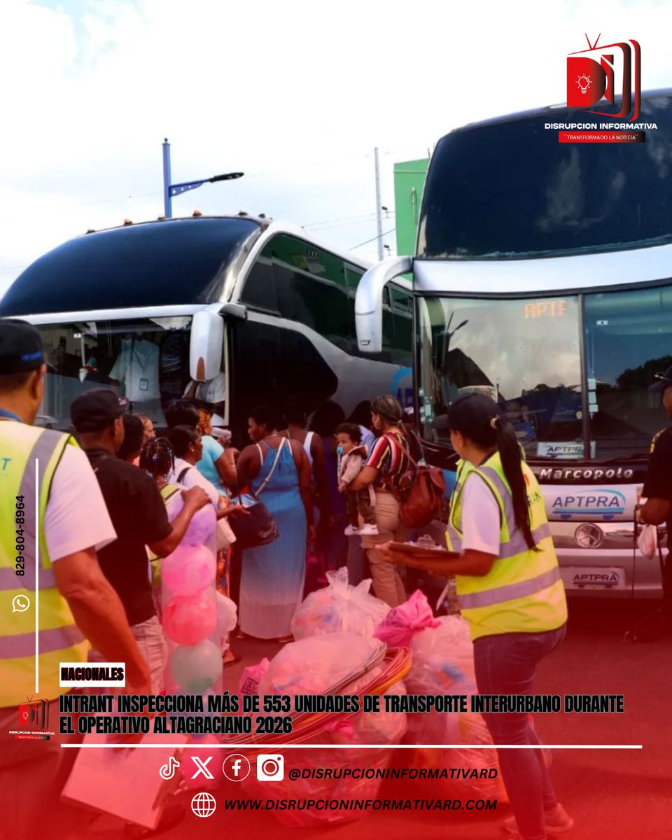 DisrrupcionRd's tweet photo. Instituto Nacional de Tránsito y Transporte Terrestre informó que el dispositivo Operativo Altagraciano 2026”, por el Centro de Operaciones de Emergencias fueron inspeccionadas 553 unidades de transporte público interurbano en 27 rutas.¡Conoce mas aquí! 👇 https://t.co/SQVoWF2IQI https://t.co/T6uHEDXvas