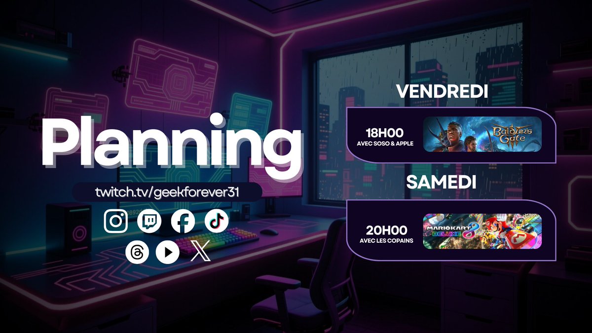 Coucou les copains ! 🖖🏽😎 

Je vous invite : 

Vendredi vers 18h00 On continue la découverte de Baldur's Gate 3 avec Soso &amp; Apple 😎🔞

Samedi vers 20h00 On se la donne sur Mario kart 8 deluxe avec les copains 😁🤪

twitch.tv/geekforever31